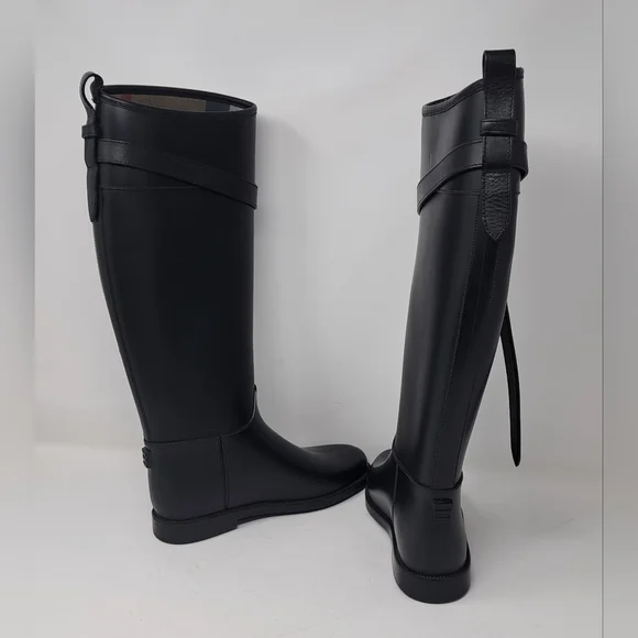 Burberry Women's Rain Boots Knee High Equestrian Black Belt Italy 36 EU 6 US - Picture 9 of 13